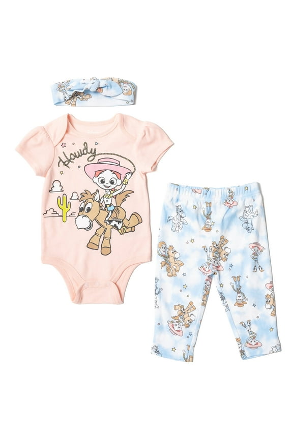 Pixar Toy Story Jessie Bullseye Newborn Baby Girls Bodysuit Pants and Headband 3 Piece Outfit Set Newborn to Infant