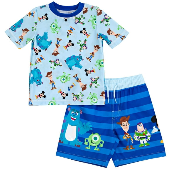 Disney Pixar Toy Story Pixar Monsters Inc. Mickey Mouse D100 Woody Buzz Lightyear Donald Duck Infant Baby Boys Rash Guard and Swim Trunks Outfit Set Infant to Toddler