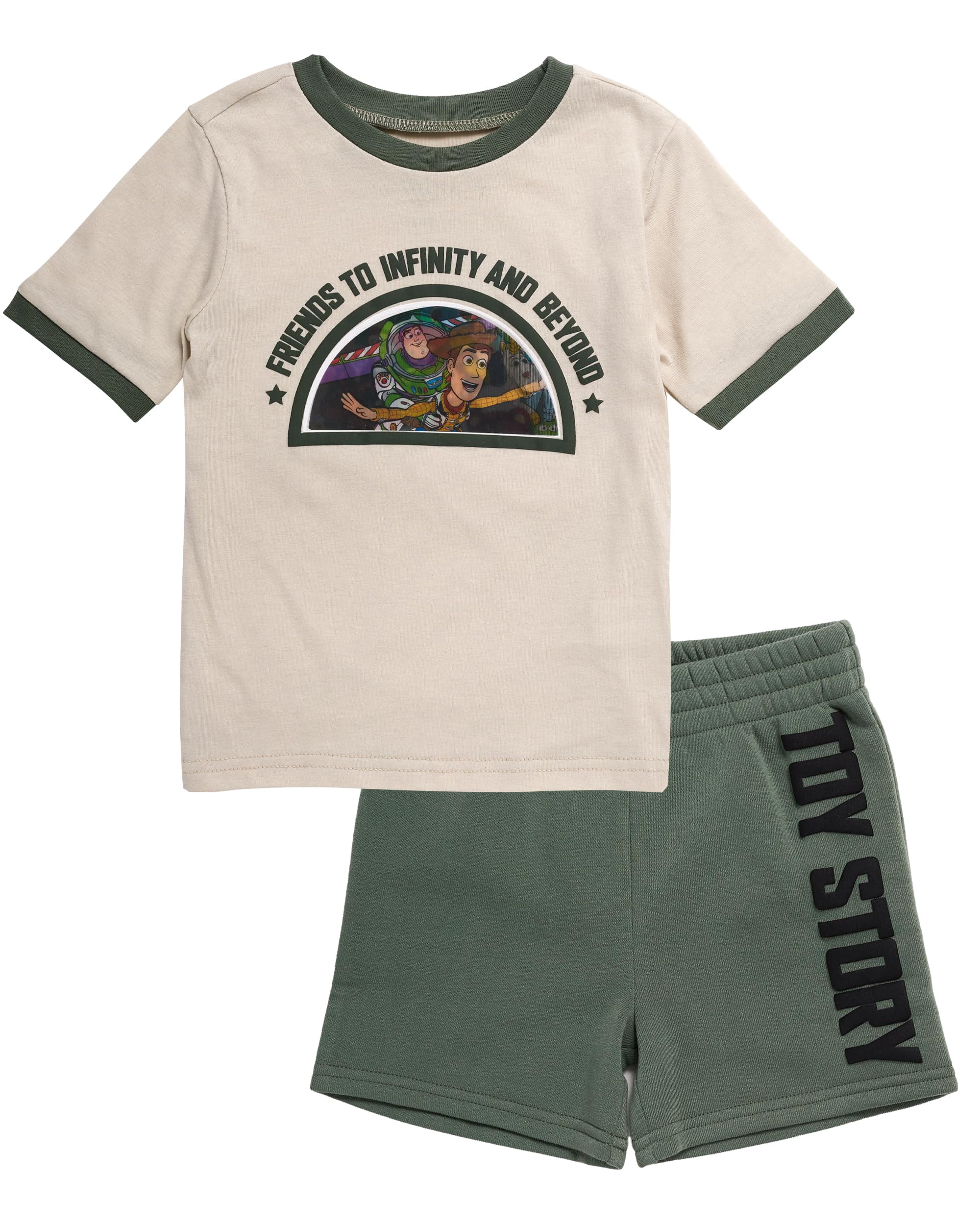 Disney Pixar Toy Story Outfit Boys' 2-Piece T Shirt & Short Set Toy Story Clothes for Boy, Buzz and Woody (Tan, 5)
