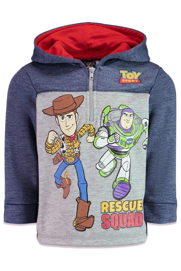 Toy Story Big Boys' Fleece Quarter-Zip Hooded Sweatshirt Navy Grey Woody Buzz