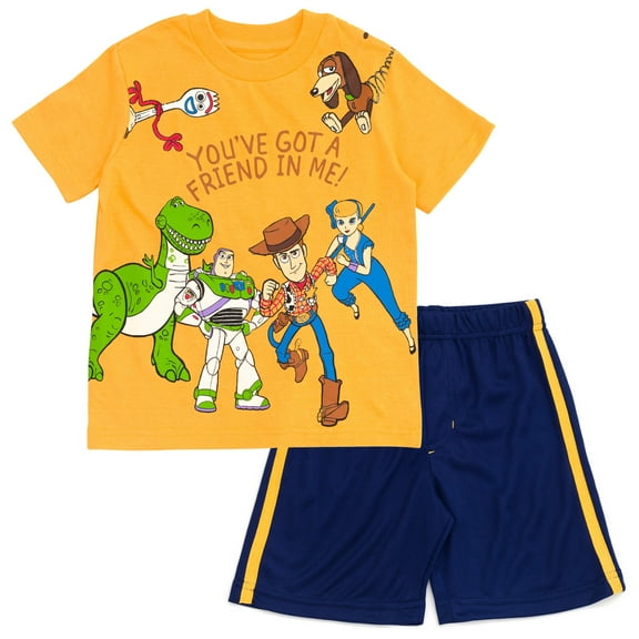 Disney Pixar Toy Story Woody Buzz Lightyear Bo Peep Little Boys T-Shirt and Mesh Shorts Outfit Set Toddler to Little Kid