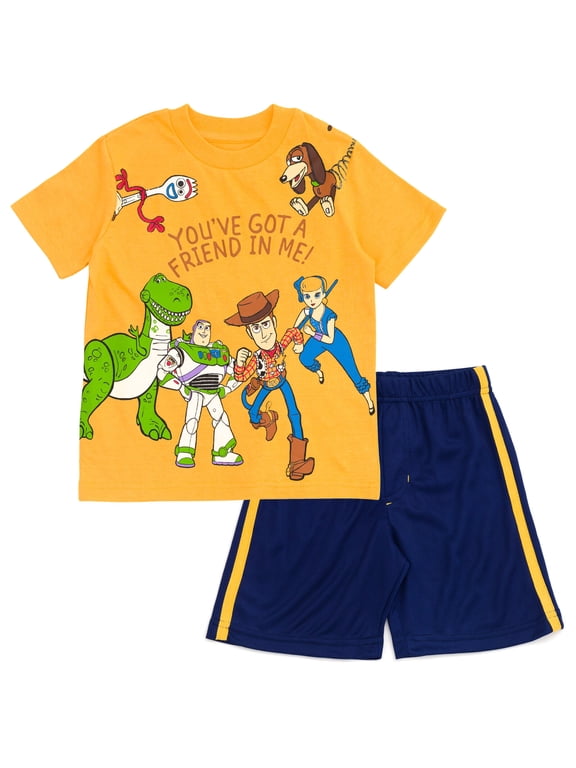 Pixar Toy Story Woody Buzz Lightyear Bo Peep Toddler Boys T-Shirt and Mesh Shorts Outfit Set Toddler to Little Kid