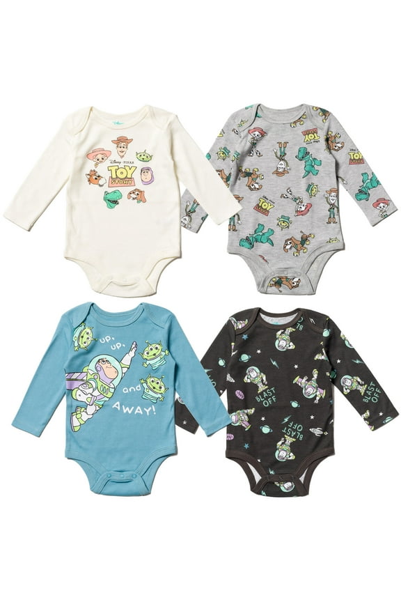 Disney Pixar Toy Story Woody Buzz Lightyear Jessie Newborn Baby Boys 4 Pack Bodysuits Newborn to Infant