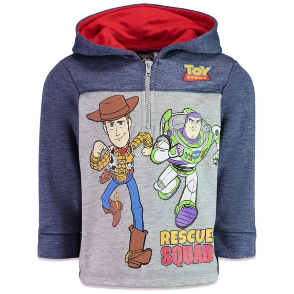 Disney Toy Story Little Boys' Fleece Quarter-Zip Hooded Sweatshirt Navy Grey Woody Buzz