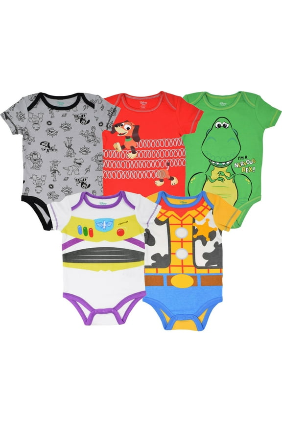 Pixar Toy Story Woody Buzz Lightyear Slinky Dog Newborn Baby Boys 5 Pack Bodysuits Newborn to Infant
