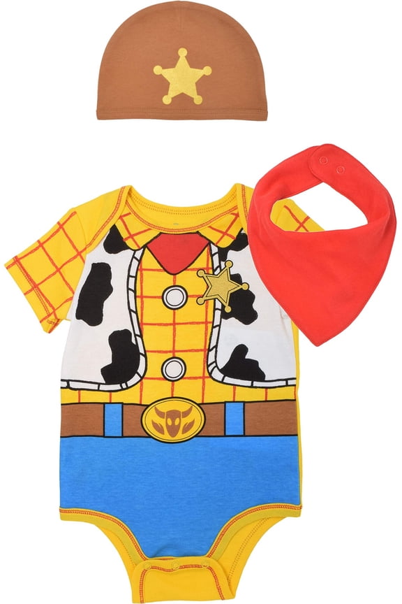 Disney Pixar Toy Story Woody Infant Baby Boys Cosplay Bodysuit Hat and Bib 3 Piece Newborn to Infant