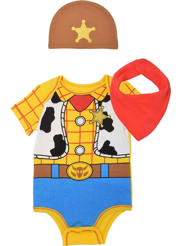 Pixar Toy Story Woody Newborn Baby Boys Cosplay Bodysuit Hat and Bib 3 Piece Newborn to Infant