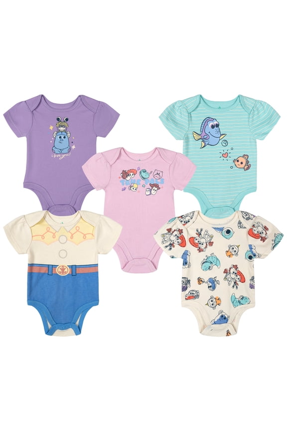 Pixar Woody Buzz Lightyear Lightning McQueen 5 Pack Bodysuits Newborn to Infant