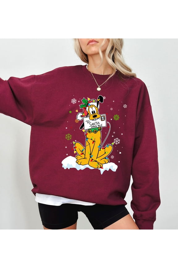 Disney Pluto Dog Christmas Lights Snowflake Sweater, Mickey and Friends Merry Christmas Shirt, Disneyland Matching Christmas Group Sweatshirt,Maroon Color,Size L