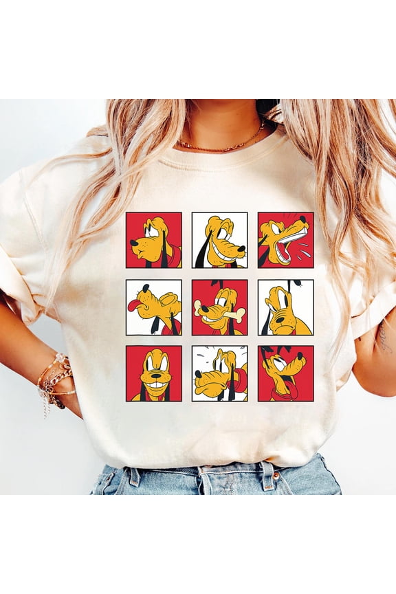 Disney Pluto Grid Of Emotions Multiple Faces Expressive Dog T-shirt