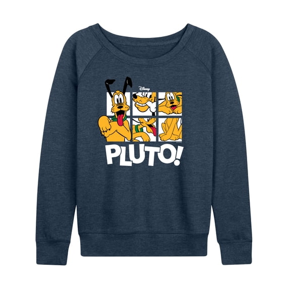 Disney - Pluto Grid Women's Lightweight French Terry Wide Neck Long Sleeve Graphic Shirt
