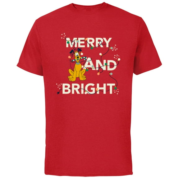 Disney Pluto Merry and Bright Christmas Holiday - Short Sleeve Cotton T-Shirt for Adults - Customized-Red