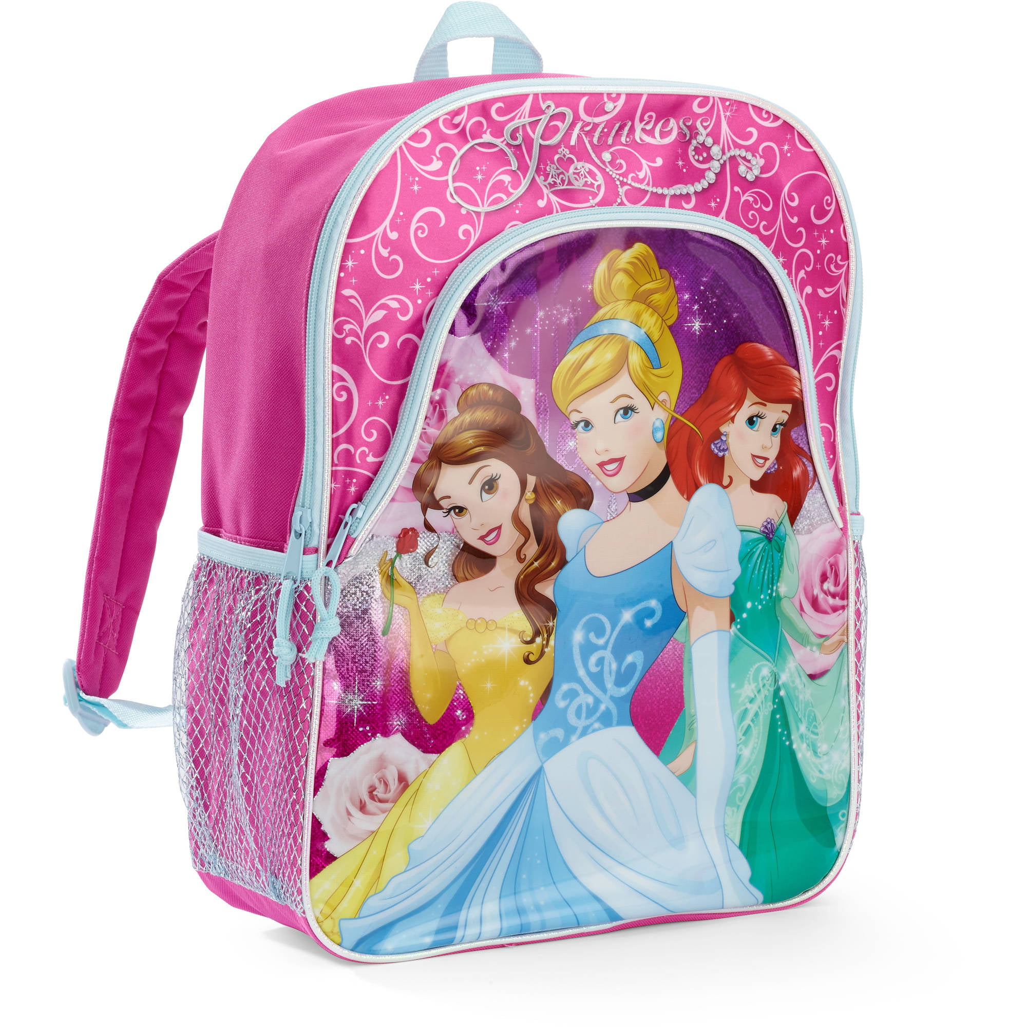 Disney Princess 4 Piece Backpack Set, Flip Sequin School Bag for Girls with  Front Zip Pocket, Foam Mesh Side Pockets, Insulated Lunch Box, Water  Bottle, & Squish Ball Dangle, Pink 