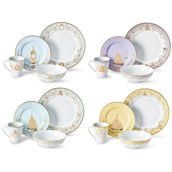 Disney Princess 16-Piece Dinnerware Set | Cinderella, Jasmine, Ariel, Belle