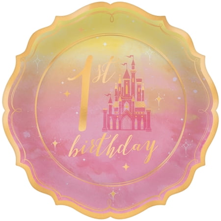 Disney Princess 1st Birthday Metallic Dessert Paper Plates, 7", 8 Count