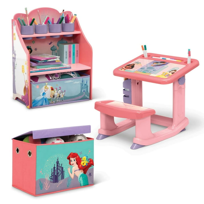 Disney Princess 3-Piece Art & Play Toddler Room-in-a-Box by Delta Children – Includes Draw & Play Desk, Art & Storage Station & Fabric Toy Box, Pink