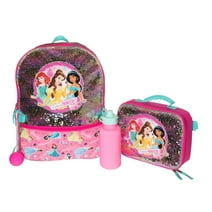 Disney Princess 4 Piece Backpack Set, Flip Sequin School Bag for Girls with Front Zip Pocket, Foam Mesh Side Pockets, Insulated Lunch Box, Water Bottle, & Squish Ball Dangle, Pink