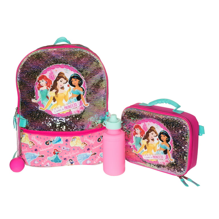 Disney Princess 4 Piece Backpack Set, Flip Sequin School Bag for Girls with  Front Zip Pocket, Foam Mesh Side Pockets, Insulated Lunch Box, Water  Bottle, & Squish Ball Dangle, Pink 