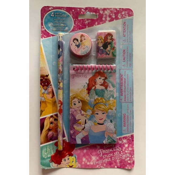 Disney Princess 4 Piece Study Kit Set - Notepad, Sharpener, Eraser, Pencil
