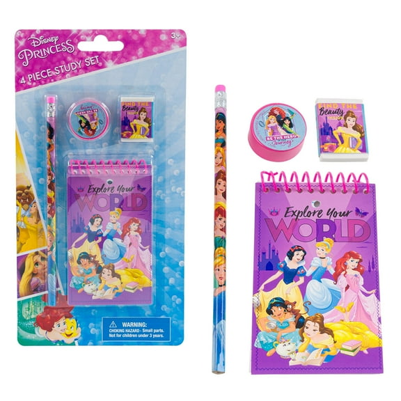 Disney Princess 4pc Study Kit- Eraser, Sharpener, 25 sheet memo pad, No.2 lead real wood