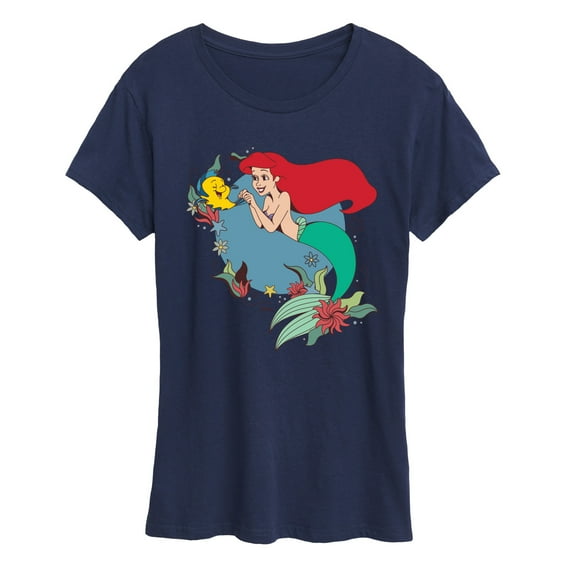 Disney Princess - Ariel And Flounder With Flowers -  Women's Short Sleeve Graphic T-Shirt
