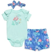 Disney Princess Ariel Bodysuit French Terry Bubble Shorts and Headband 3 Piece Outfit Set Newborn to Infant