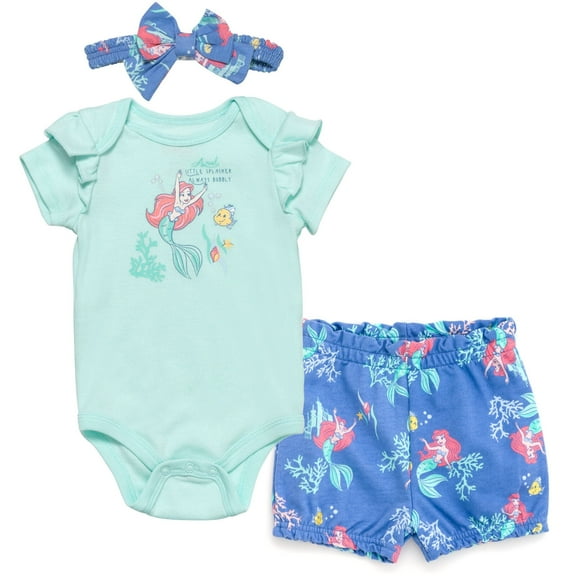 Disney Princess Ariel Bodysuit French Terry Bubble Shorts and Headband 3 Piece Outfit Set Newborn to Infant