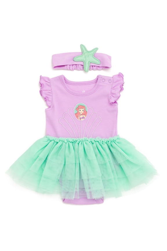 Princess Ariel Cosplay Bodysuit With Skirt Overlay & Headband Outfit Set Newborn to Infant