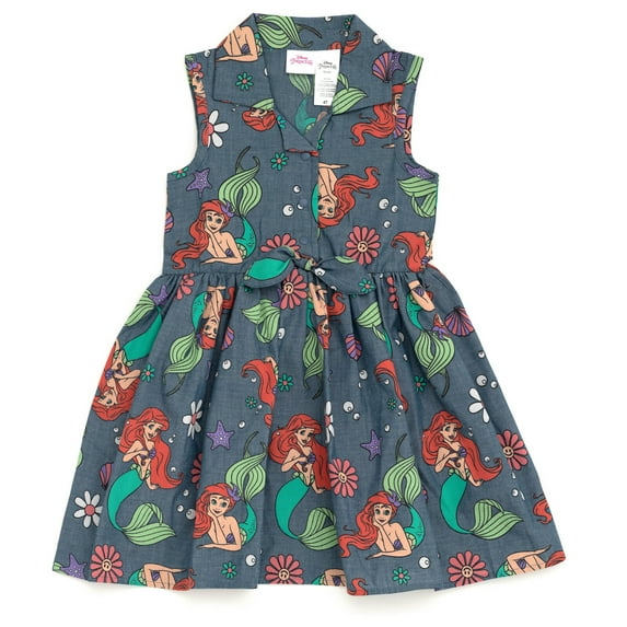 Disney Princess Ariel Floral Little Girls Chambray Skater Dress Toddler to Big Kid