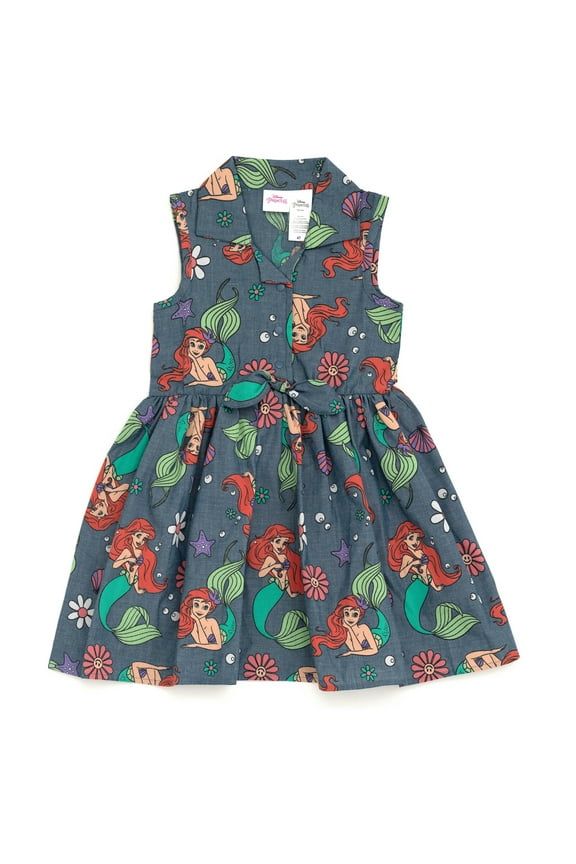 Princess Ariel Floral Little Girls Chambray Skater Dress Toddler to Big Kid