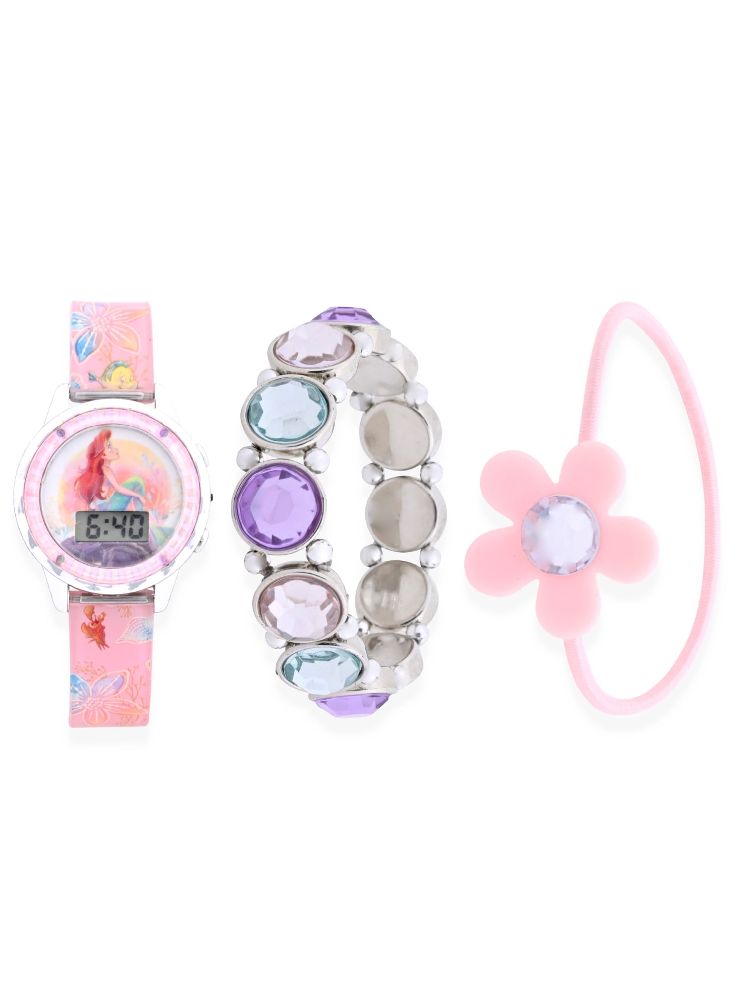 Disney Princess Ariel Girls Flashing LCD Pink Ombre Silicone Watch, Bracelet and Hair Accessory 3 Piece Set