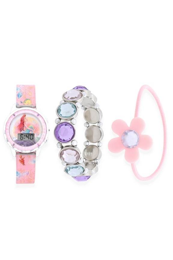 Princess Ariel Girls Flashing LCD Pink Ombre Silicone Watch, Bracelet and Hair Accessory 3 Piece Set