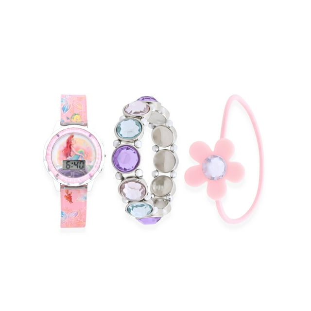 Disney Princess Ariel Girls Flashing LCD Pink Ombre Silicone Watch, Bracelet and Hair Accessory 3 Piece Set