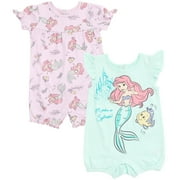 Disney The Little Mermaid Baby Girls 2-Pack Short Sleeve and Sleeveless Bubble Romper Set Mint and Pink Ariel and Flounder