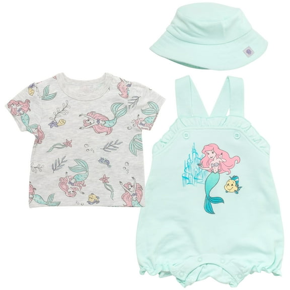 Disney Princess Ariel Infant Baby Girls French Terry Short Overalls T-Shirt and Hat 3 Piece Outfit Set Newborn to Infant