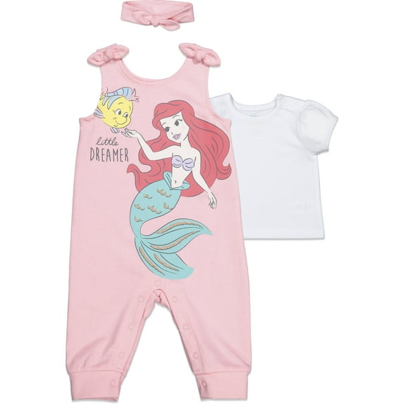 Disney Princess Ariel Infant Baby Girls Snap French Terry Romper T-Shirt and Headband 3 Piece Outfit Set Newborn to Infant