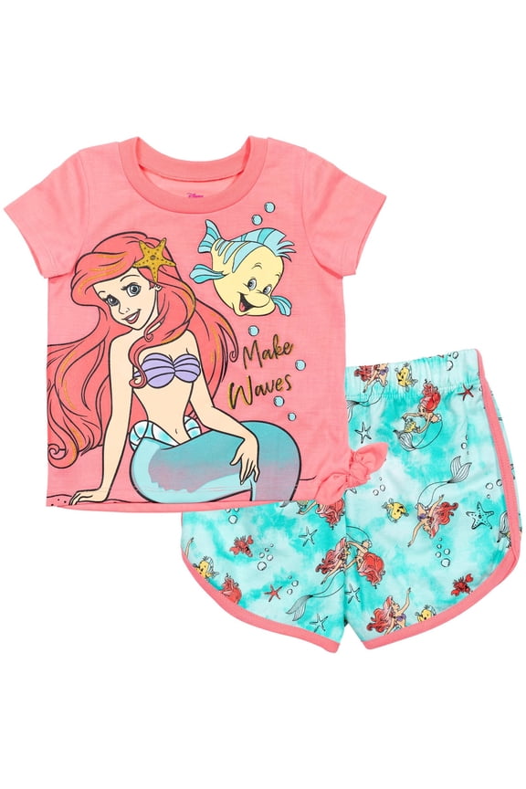 Disney Princess Ariel Infant Baby Girls T-Shirt and Active Retro Dolphin French Terry Shorts Outfit Set Infant to Big Kid