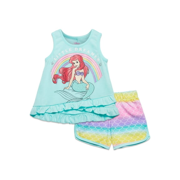 Disney Princess Ariel Little Girls Crossover Tank Top and Active Retro Dolphin French Terry Shorts Toddler to Big Kid
