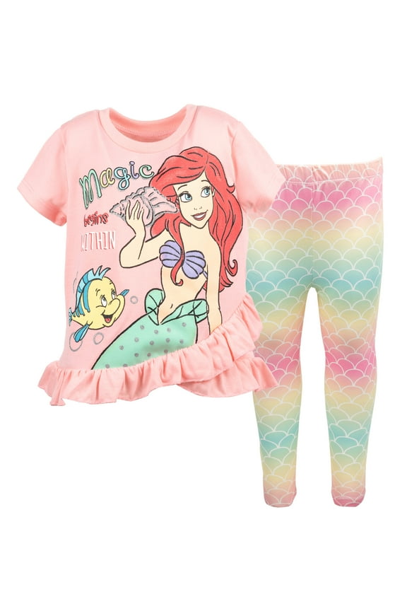 Princess Ariel Little Girls Peplum Crossover T-Shirt and Leggings Outfit Set Toddler to Big Kid