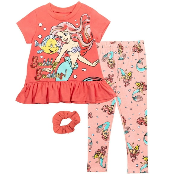 Disney Princess Ariel Little Girls T-Shirt Leggings and Scrunchie 3 Piece Outfit Set Infant to Big Kid