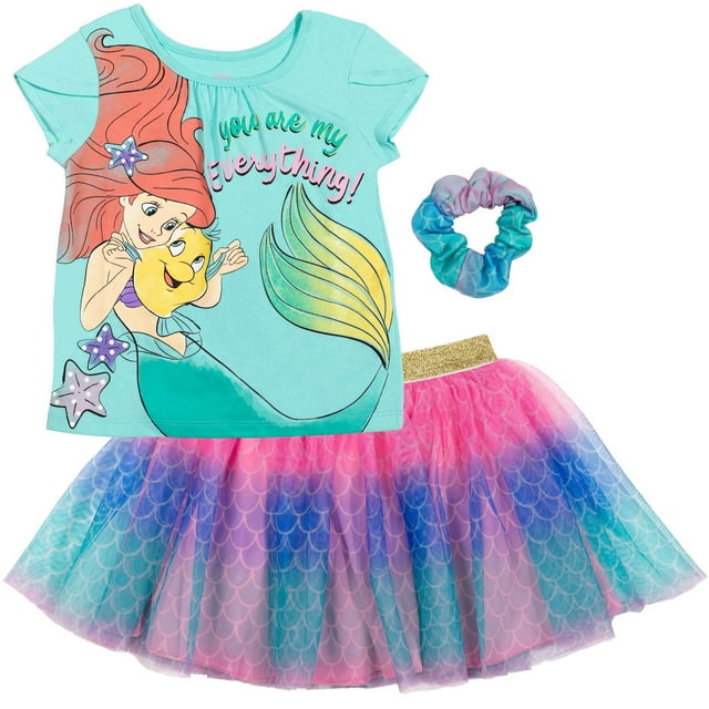 Disney Princess Ariel Little Girls T-Shirt Tulle Mesh Skirt and Scrunchie 3 Piece Outfit Set Toddler to Big Kid