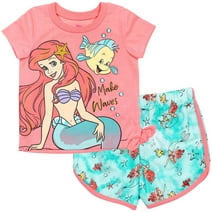 Disney Princess Ariel Little Girls T-Shirt and Active Retro Dolphin French Terry Shorts Outfit Set Infant to Big Kid