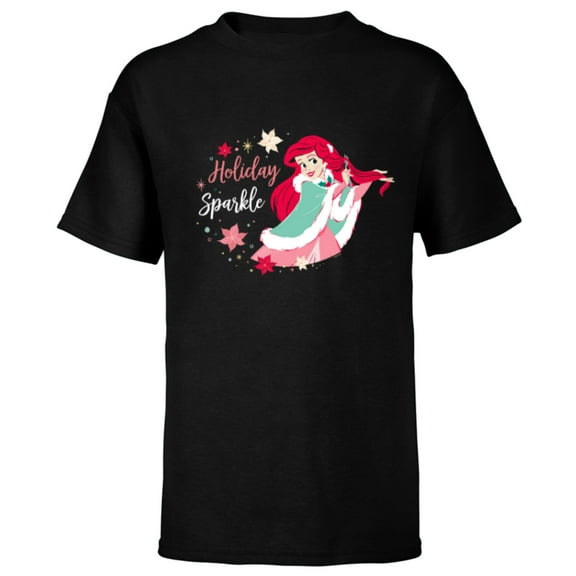 Disney Princess Ariel Mermaid Christmas Holiday Sparkle - Short Sleeve T-Shirt for Kids - Customized-Black