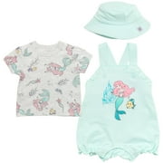 Disney Princess Ariel Newborn Baby Girls French Terry Short Overalls T-Shirt and Hat 3 Piece Outfit Set Newborn to Infant
