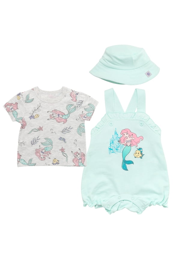 Ariel Newborn Baby Girls French Terry Short Overalls T-Shirt and Hat 3 Piece Outfit Set Newborn to Infant