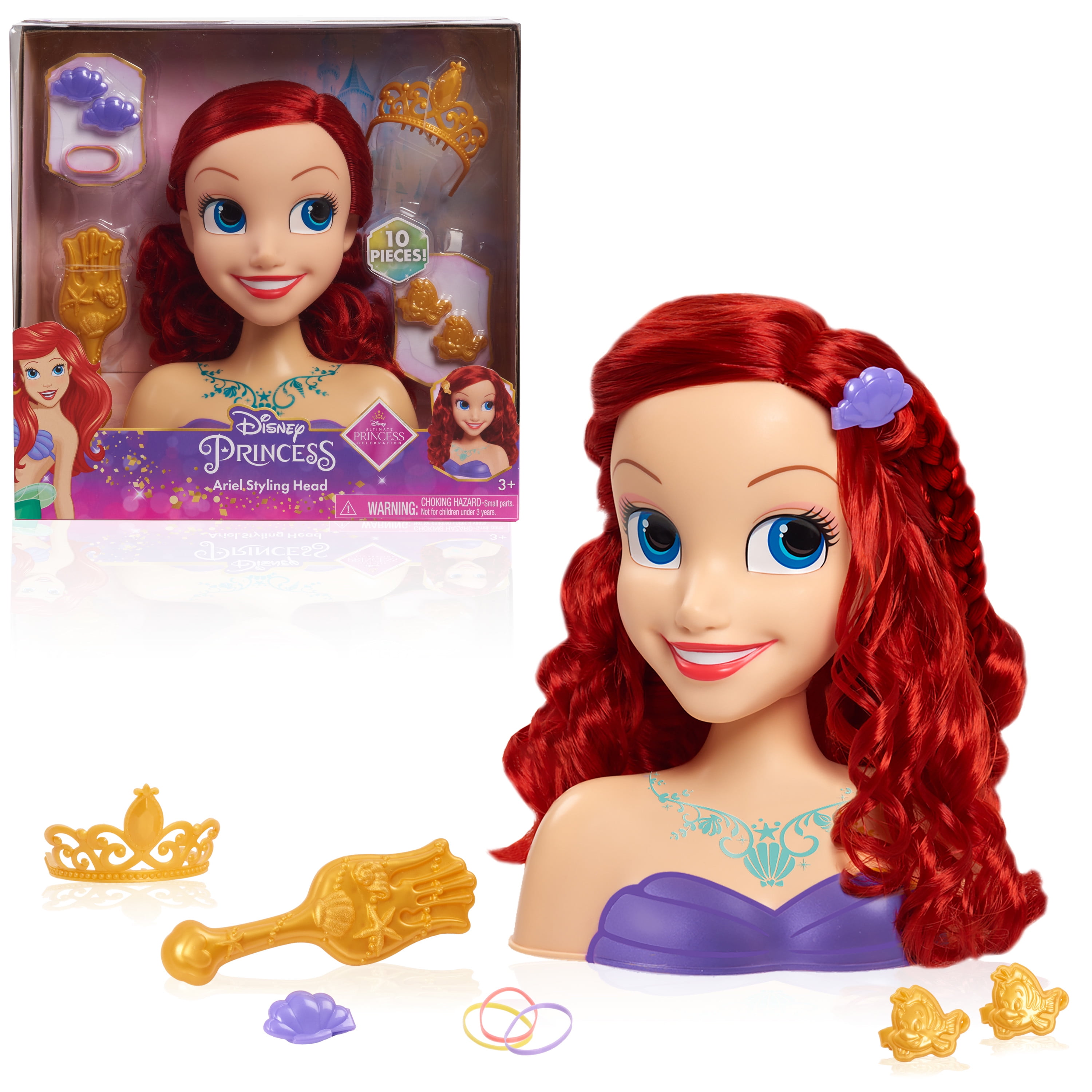 Disney Princess Ariel Styling Head, Red Hair, 10 Piece Pretend Play Set, The Little Mermaid, Officially Licensed Kids Toys for Ages 3 Up, Gifts and Presents