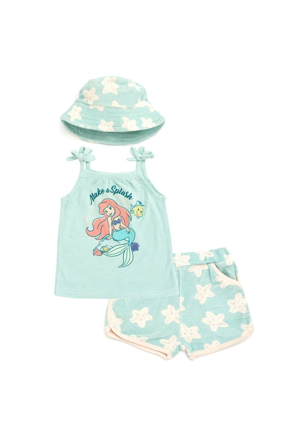 The Little Mermaid Baby Girls' Tank Top and Shorts Set with Bucket Hat Ariel Aqua Blue