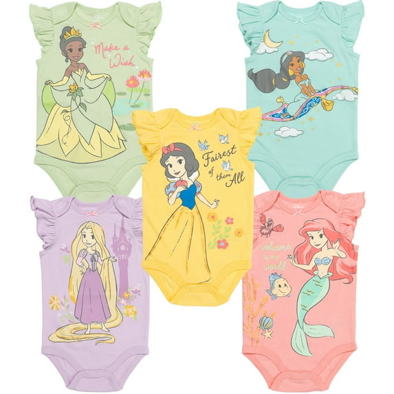 Disney Princess Rapunzel Snow White Jasmine 5 Pack Bodysuits Newborn to Infant