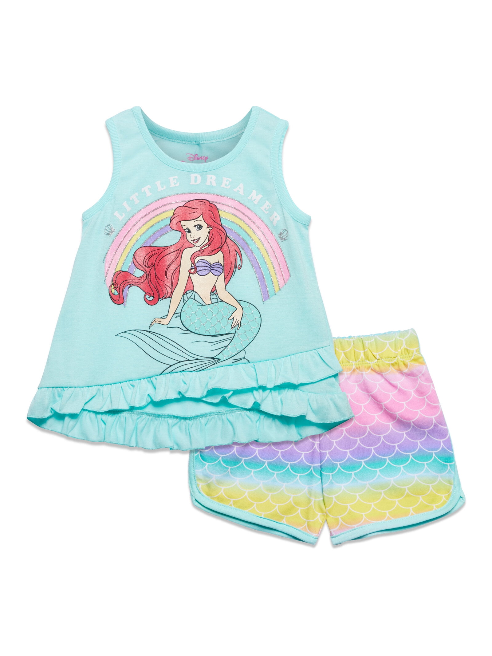 Disney Princess Ariel Toddler Girls Crossover Tank Top and Active Retro Dolphin French Terry Shorts Toddler to Big Kid