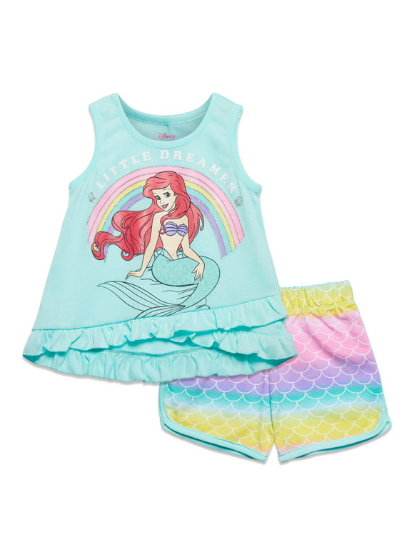 Disney Princess Ariel Toddler Girls Crossover Tank Top and Active Retro Dolphin French Terry Shorts Toddler to Big Kid